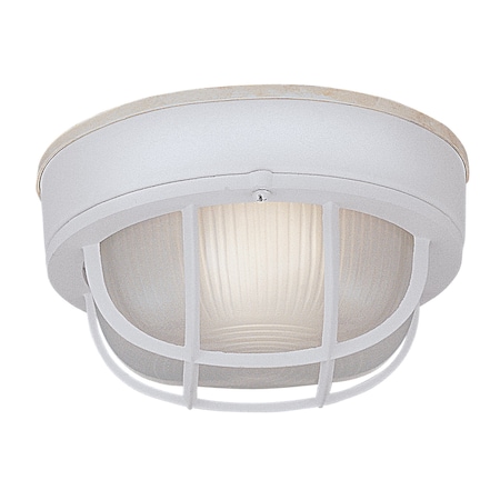 Designers Fountain Round 1-Light White Outdoor Ceiling Mount Bulkhead Fixture with Ribbed Frosted Glass Shade 2073-WH